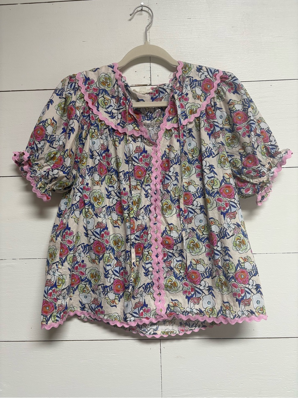 Entro Floral Puff Sleeve Babydoll Blouse Pink Ric Rac Cotton Small